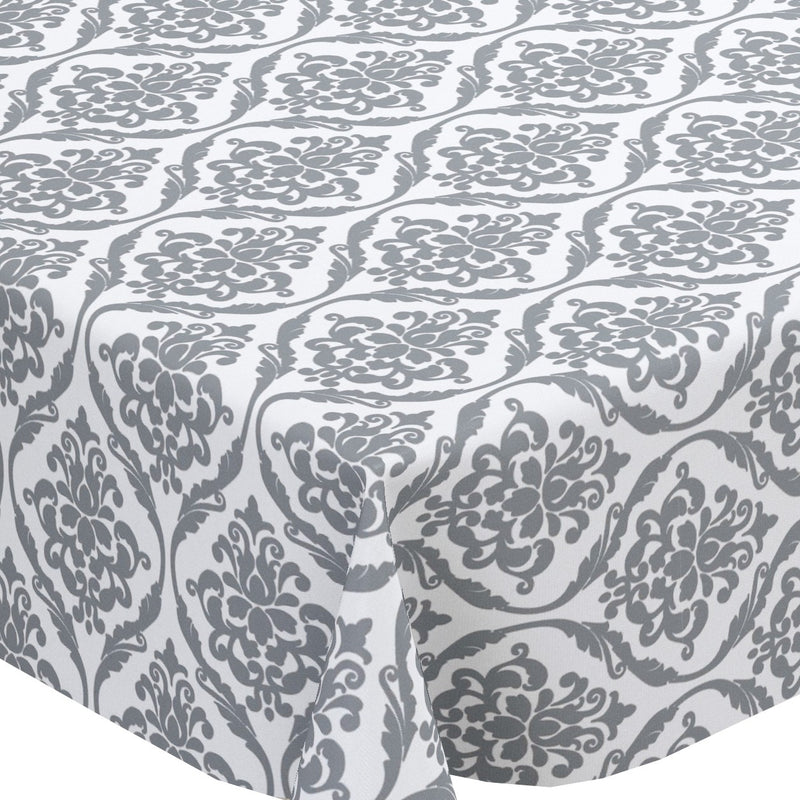 ROUND 100cm Silver on White Damask PVC Vinyl Wipe Clean Tablecloth