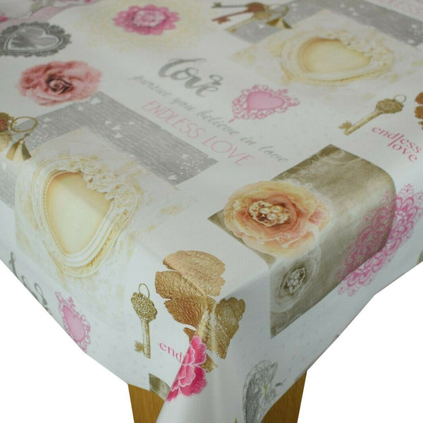 Endless Love Pink, Cream and Silver Grey Vinyl Oilcloth Tablecloth