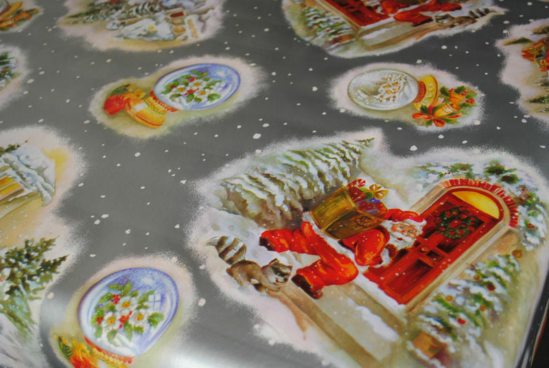 Santa Knocking Silver Christmas  PVC Vinyl Tablecloth 20 Metres x 140cm