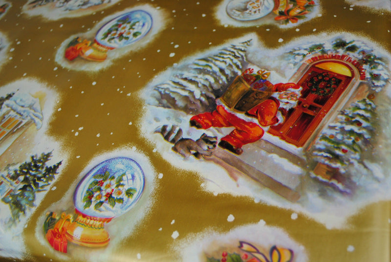 Santa Knocking Gold Christmas  PVC Vinyl Tablecloth 20 Metres x 140cm