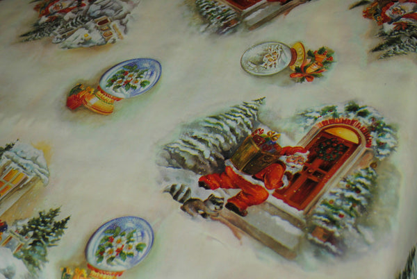 Santa Knocking Beige Multi Christmas  PVC Vinyl Tablecloth 20 Metres x 140cm