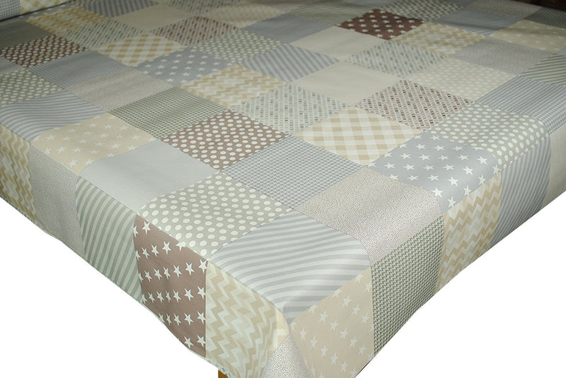 Grey Taupe Blue Stars Stripes Spots Patchwork PVC Vinyl Tablecloth 20 metres x 140cm