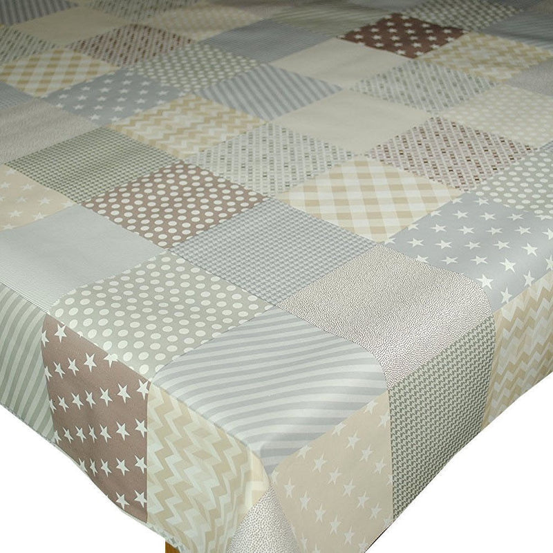 Grey Taupe Blue Stars Stripes Spots Patchwork PVC Vinyl Tablecloth 20 metres x 140cm