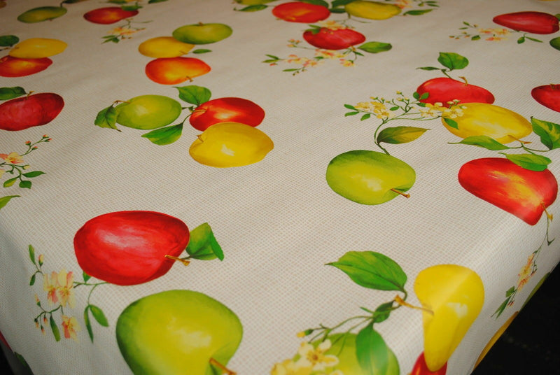 Apples Red and Green on Beige Check PVC Vinyl Tablecloth 20 Metres x 140cm