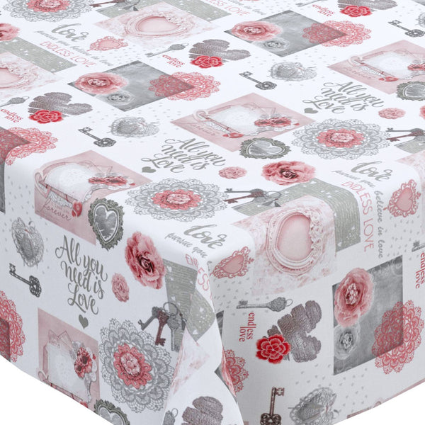 Endless Love Grey and Pink  PVC Vinyl Tablecloth 20 Metres x 140cm