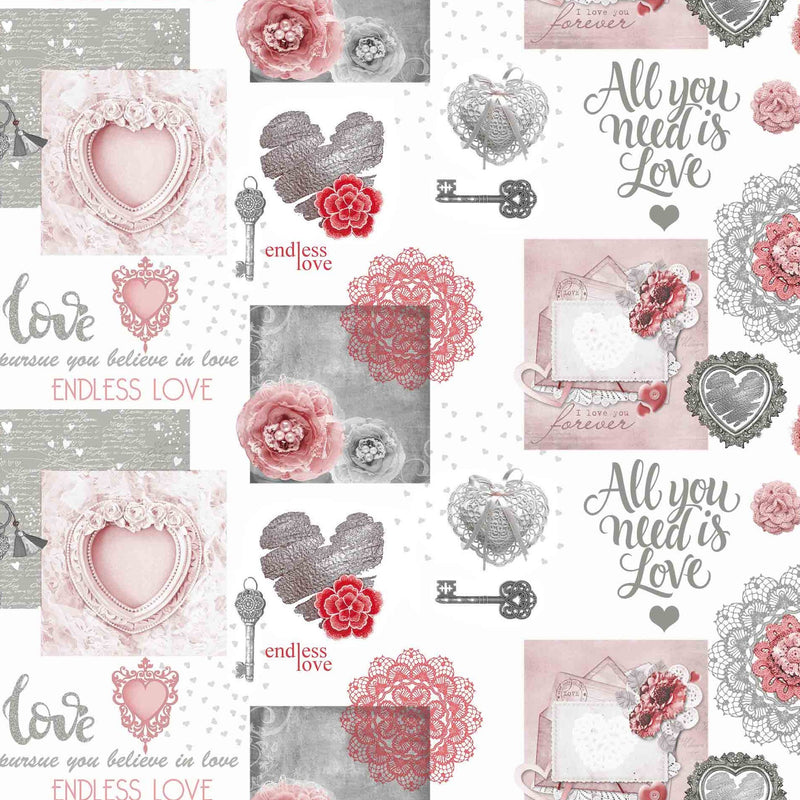 Endless Love Grey and Pink  PVC Vinyl Tablecloth 20 Metres x 140cm