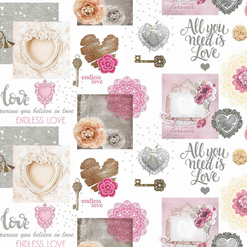 Endless Love Pink , Cream and Silver Grey  PVC Vinyl Tablecloth 20 Metres x 140cm