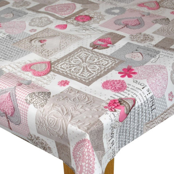 Pink and  Grey Love  PVC Vinyl Tablecloth 20 Metres x 140cm