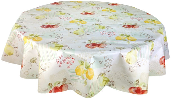Round PVC Apples and Pears on Pastel Patchwork Background Wipe Clean Tablecloth Vinyl PVC Round