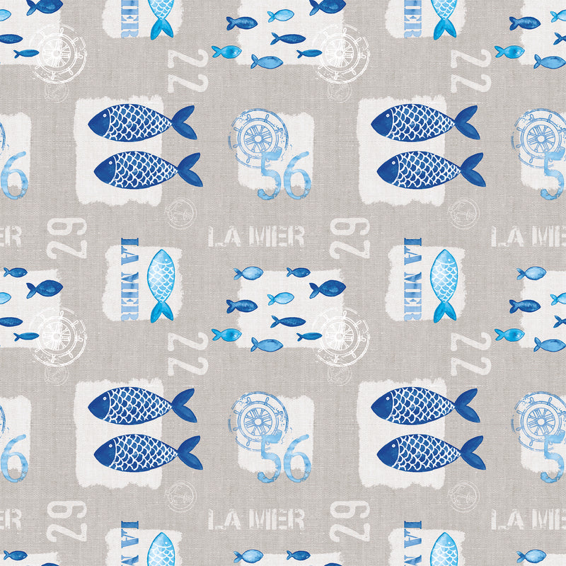 Fishy Fish La Mer Blue and Beige PVC Vinyl Tablecloth 20 Metres x 140cm