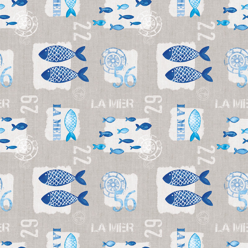 Fishy Fish La Mer Blue and Beige PVC Vinyl Tablecloth 20 Metres x 140cm