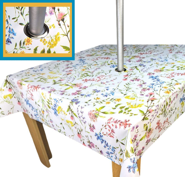 Summer Meadow Tablecloth with Parasol Hole Wipe Clean Tablecloth Vinyl PVC 140cm x 140cm