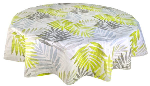 Round PVC Exotic Leaves Grey and Green Wipe Clean Tablecloth Vinyl PVC Round