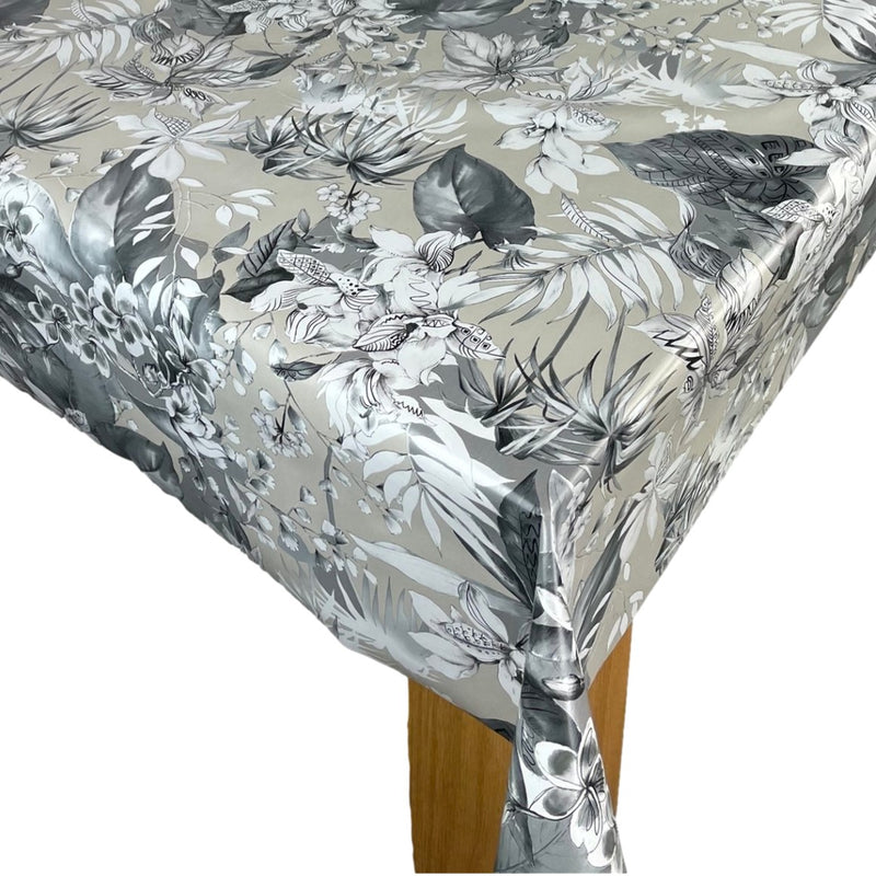 Grey Exotic Flowers and Leaves Vinyl Oilcloth Tablecloth