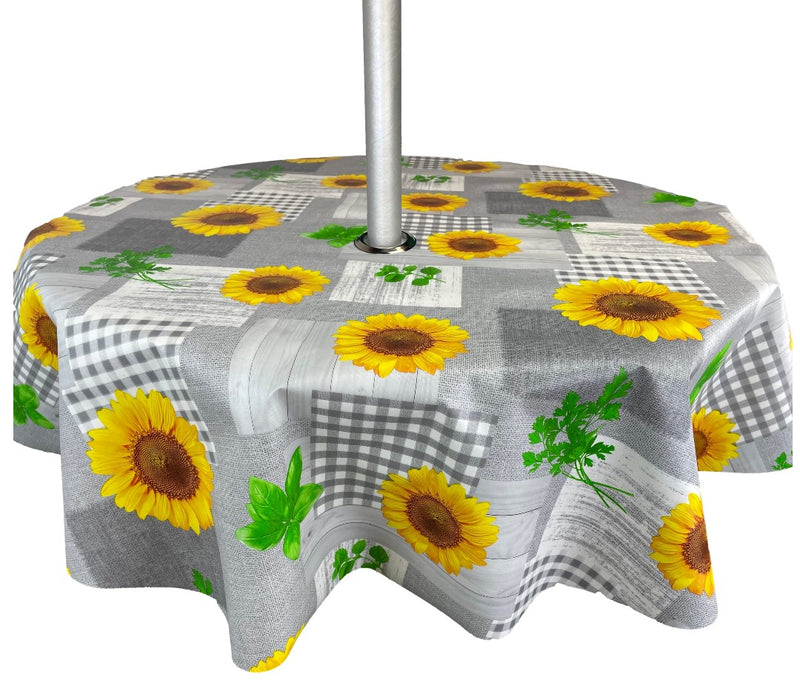 Grey and Yellow Sunflower Tablecloth with Parasol Hole Wipe Clean Tablecloth Vinyl PVC Round 138cm