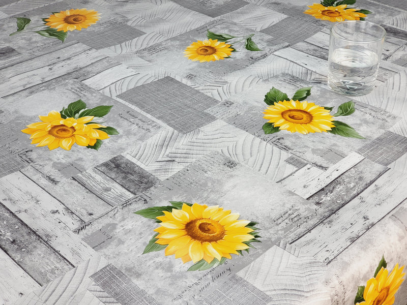 Grey and Yellow Sunflower Patchwork Vinyl Oilcloth Tablecloth