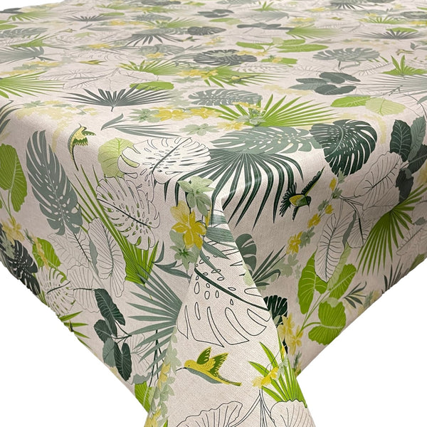 Tropical Flowers and Birds Green Vinyl Oilcloth Tablecloth