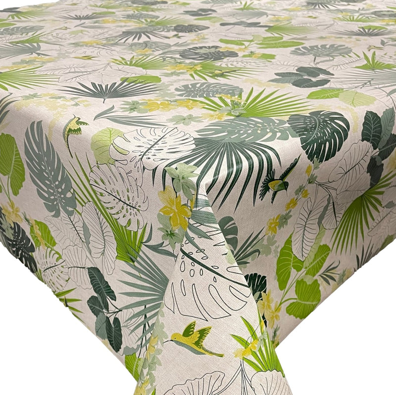 Tropical Flowers and Birds Green Vinyl Oilcloth Tablecloth