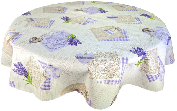 Lavender Hearts Gingham Squares on Beige Wood Effect Wipe Clean Tablecloth ROUND Vinyl PVC