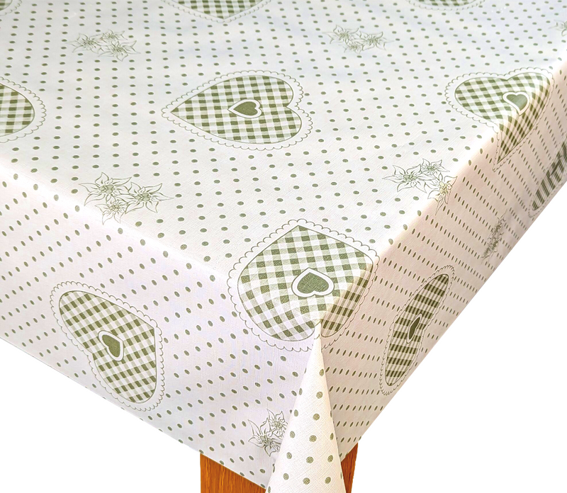 Moss Green Dotty Gingham Hearts Vinyl Oilcloth Tablecloth