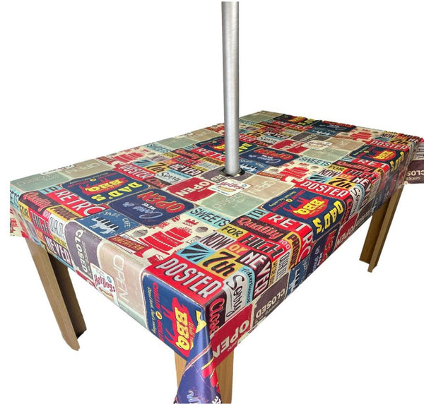 American Diner Tablecloth with Parasol Hole Wipe Clean Tablecloth Vinyl PVC Rectangle 200cm x 140cm