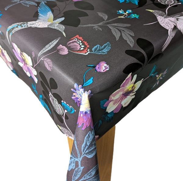 Purple Hummingbird Flowers on Black Vinyl Oilcloth Tablecloth
