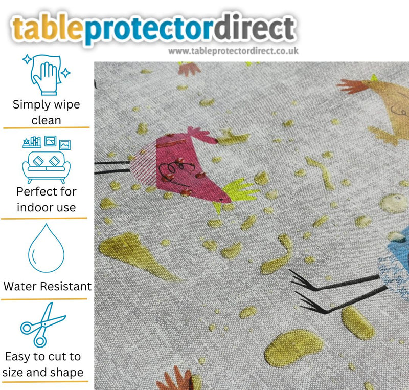 Chicken Grey Birds Linen Look Vinyl Oilcloth Tablecloth
