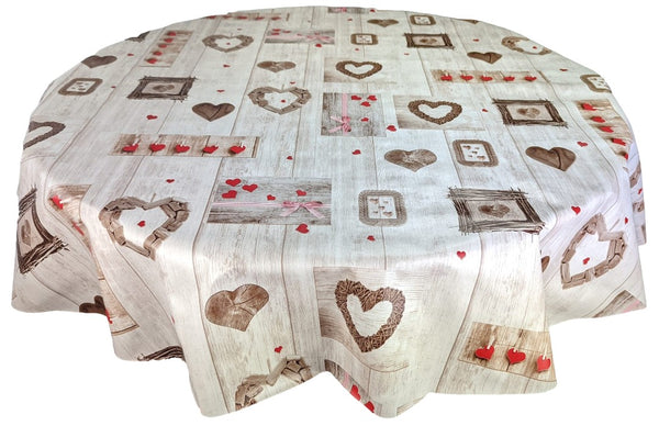 Round PVC Taupe Wood Effect with Red Love Hearts Wipe Clean Tablecloth Vinyl PVC Round