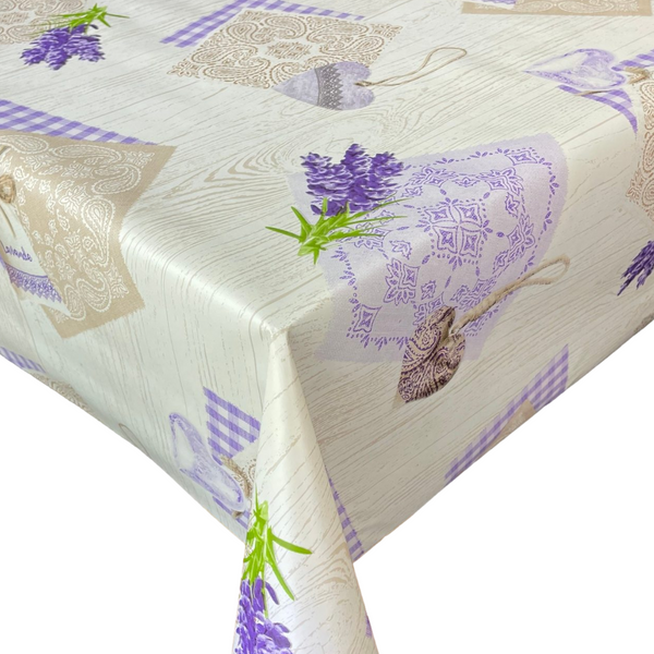 Purple Lavender Hearts and Gingham Squares on Beige Wood Effect Vinyl Oilcloth Tablecloth