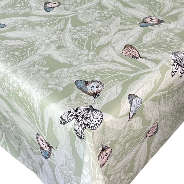 Leaves and Butterflies Sage Green Vinyl Oilcloth Tablecloth