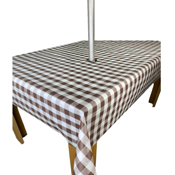Brown Gingham Tablecloth with Parasol Hole Wipe Clean Tablecloth Vinyl PVC 250cm x 140cm