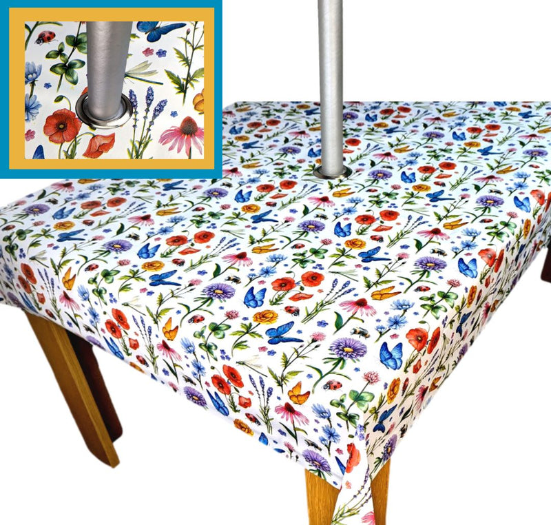 Wildflower Meadow Parasol Hole Wipe Clean Tablecloth Vinyl PVC Round 138cm