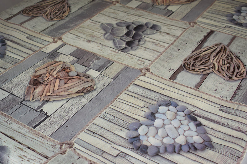 Patchwork Wood Grey Pebbles and Driftwood Hearts PVC Vinyl Oilcloth Tablecloth 160cm wide