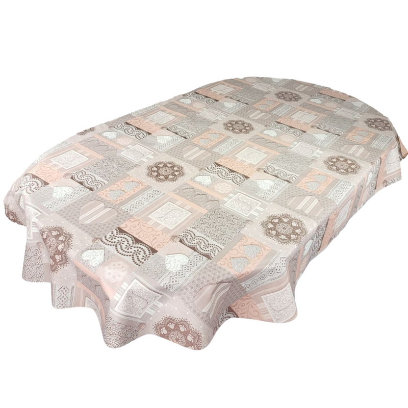 Pink Grey and Beige Hearts Vinyl Oilcloth Tablecloth