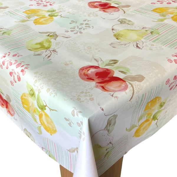Apples and Pears on Soft Shades of Green and Cream Vinyl Oilcloth Tablecloth