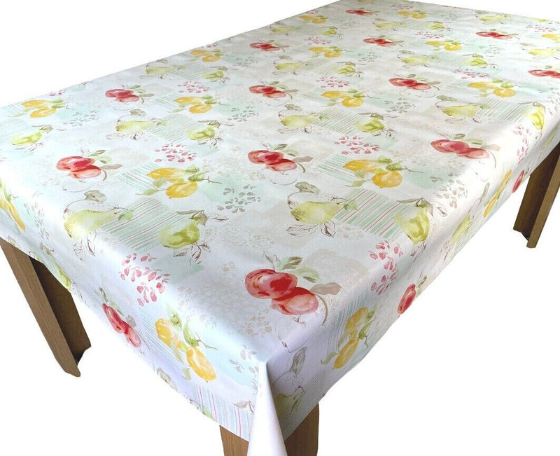 Apple and Pears on Green and Cream  PVC Vinyl Tablecloth Roll 20 Metres x 140cm