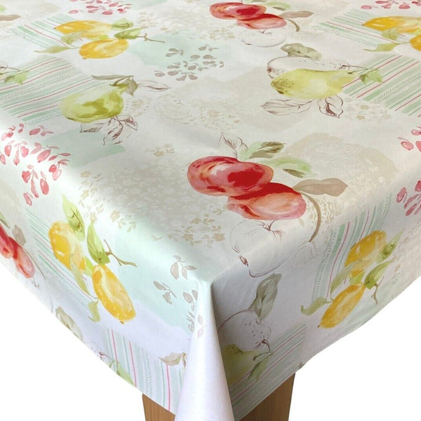 Apple and Pears on Green and Cream  PVC Vinyl Tablecloth Roll 20 Metres x 140cm