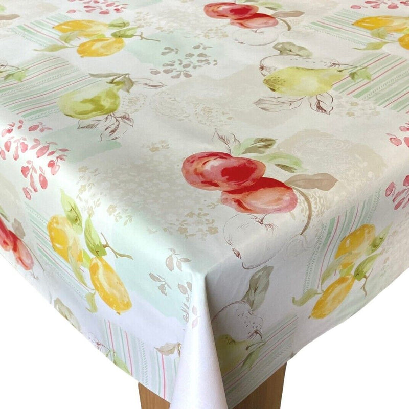 Apple and Pears on Green and Cream  PVC Vinyl Tablecloth Roll 20 Metres x 140cm