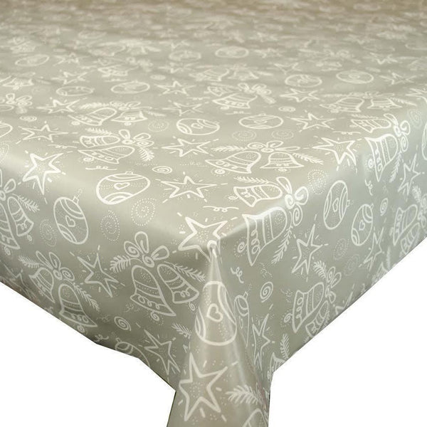 Christmas Bells and Decorations Silver Grey PVC Vinyl Tablecloth 20 Metres x 140cm
