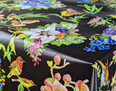 Bright Garden Birds and Flowers on Black Vinyl Tablecloth