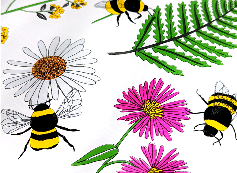 Busy Bee Meadow Bright Tablecloth with Parasol Hole Wipe Clean Tablecloth Vinyl PVC 250cm x 140cm