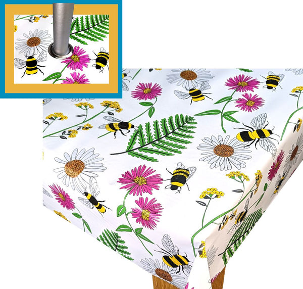 Busy Bee Meadow Bright Parasol Hole Wipe Clean Tablecloth Vinyl PVC 140cm x 140cm