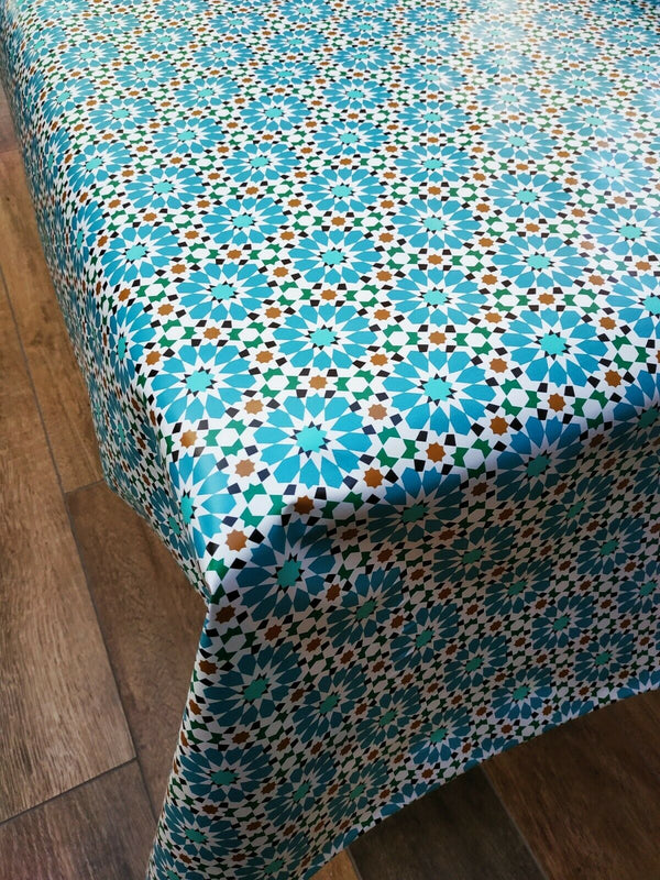 Azure Flower Geometric Pattern Vinyl Tablecloth