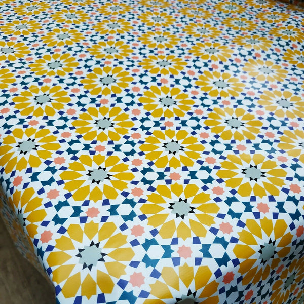 Yellow Geometric Flower PVC Vinyl Tablecloth 20 Metres x 140cm