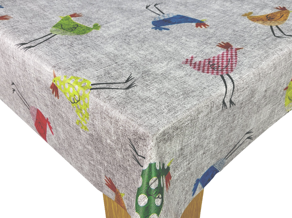 Chicken Grey Birds Linen Look Vinyl Oilcloth Tablecloth