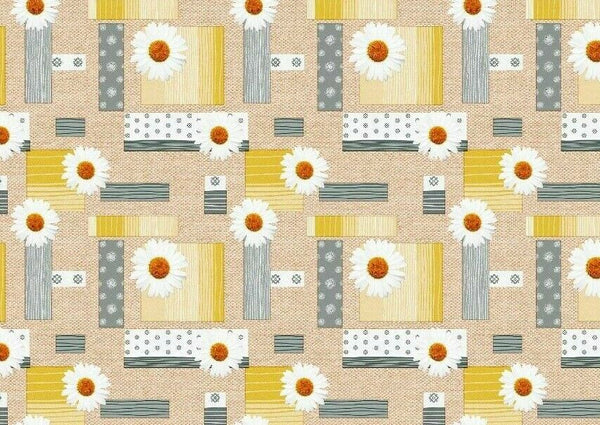 Daisy Beige Grey Ochre Shapes Vinyl Oilcloth Tablecloth