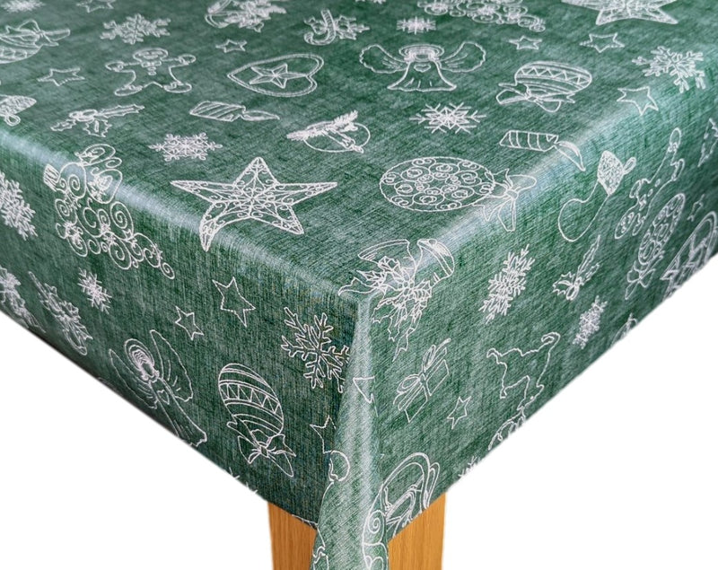 Festive Green Christmas Linen Look Vinyl Oilcloth Tablecloth