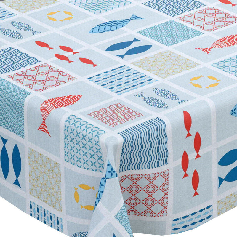 Under The Sea  Fish Geometric Squares PVC Vinyl Tablecloth 20 Metres x 140cm