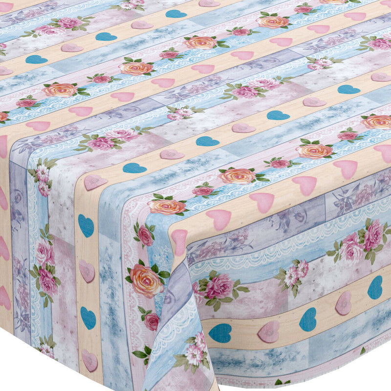 Floral Pastel Heart Stripes Vinyl Oilcloth Tablecloth