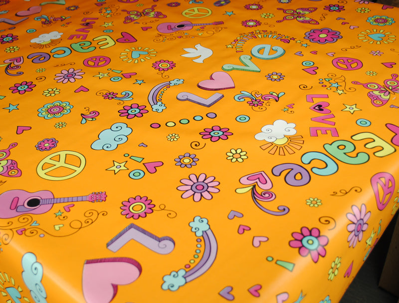 Retro Flower Power Peace and Love Orange PVC Vinyl Tablecloth 20 Metres x 140cm